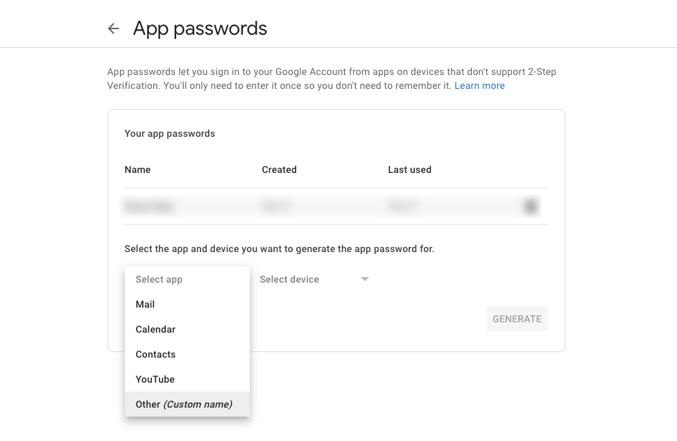 The "App Passwords" page in Gmail