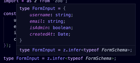 TypeScript types inferred from the zod schema