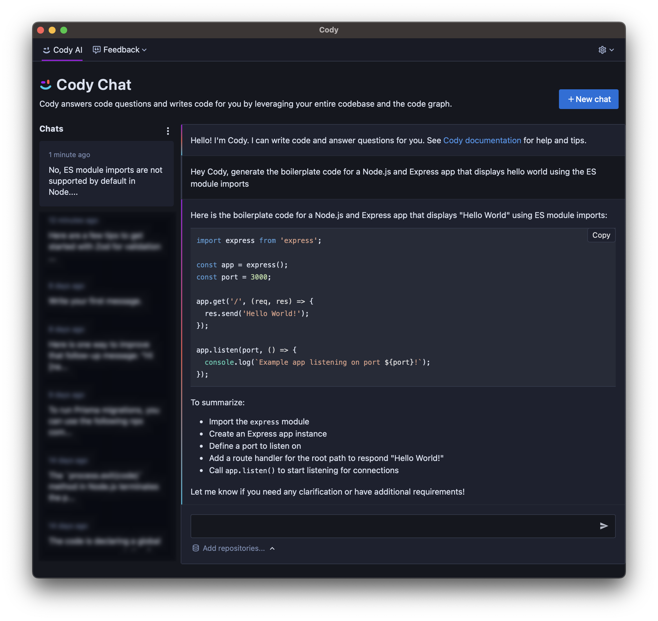 Cody AI generating boilerplate code