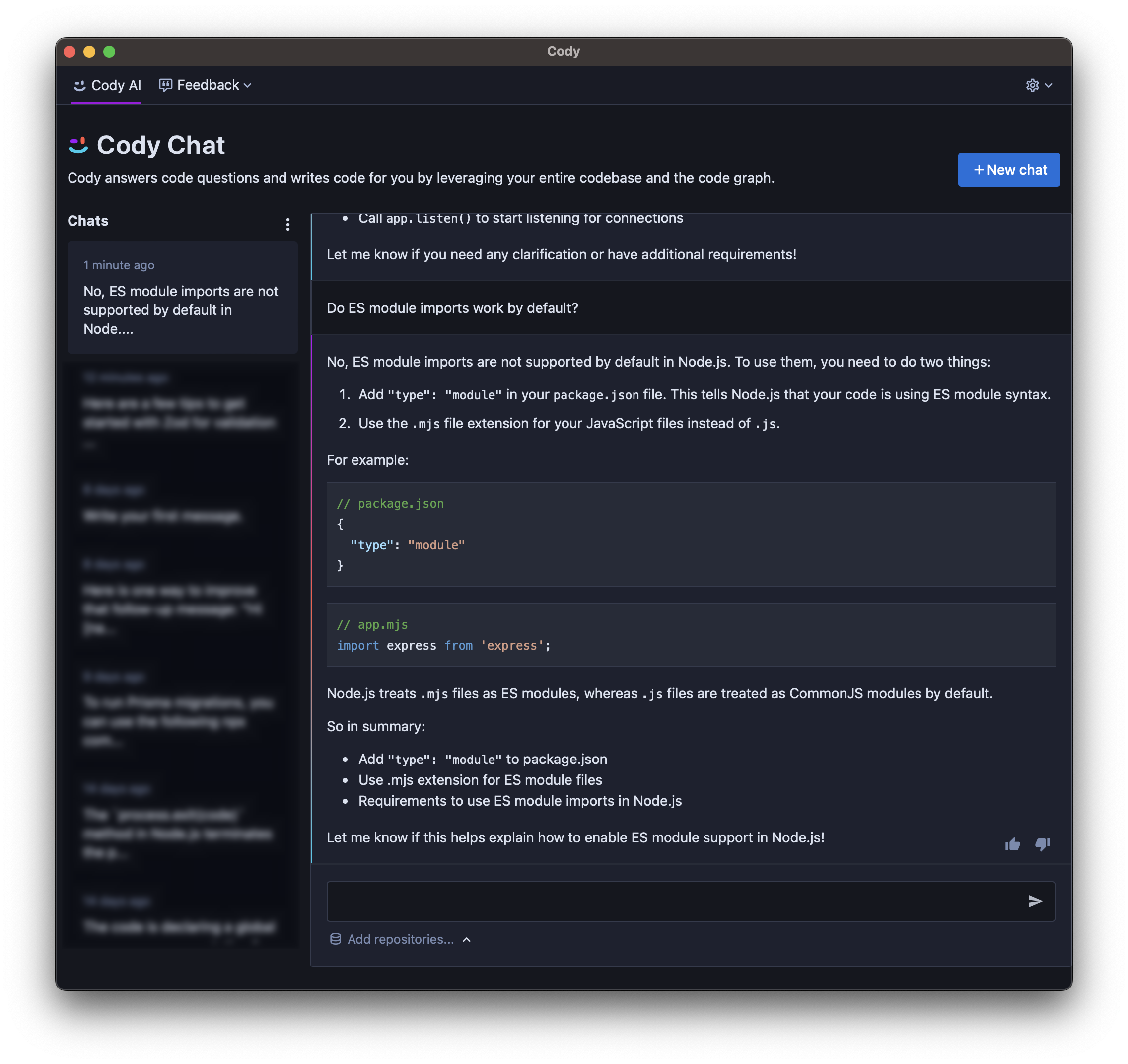 Cody AI explaining how to use ES module imports